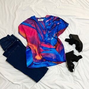 Alana K Art Watercolor Pink and Blue Abstract Blouse Size L